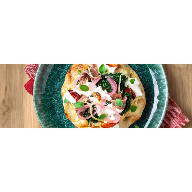 PINSA ROMANA BURRATA ANCHOVIES AND BLACK CABBAGE 