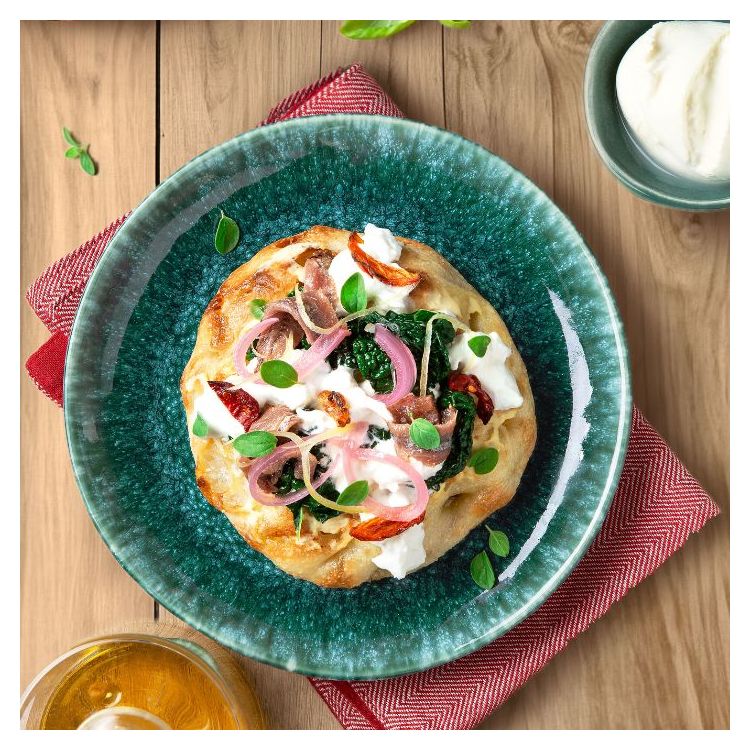 PINSA ROMANA BURRATA ANCHOVIES AND BLACK CABBAGE 