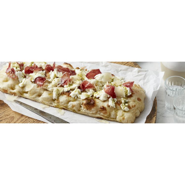 PINSA MOZZARELLA, JAMBON ET PESTO